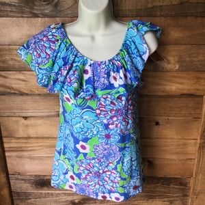 Lilly Pulitzer Women’s Wynne Ruffle Sleeveless Blue Multi Floral Top XSmall